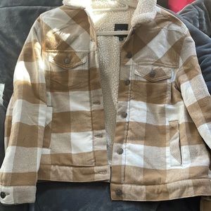 tan and white sherpa jacket w buttons